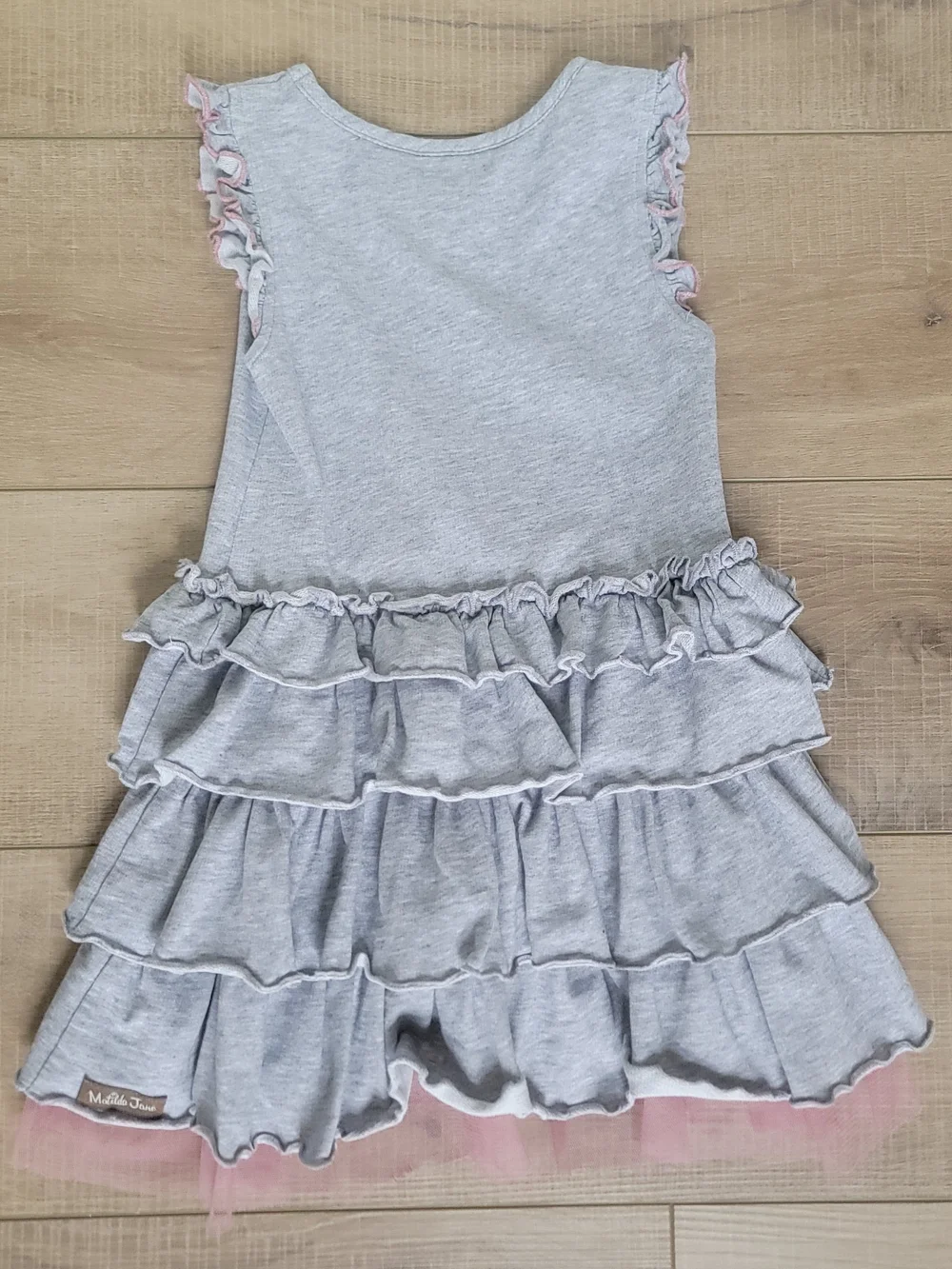 Matilda Jane Girls Pink Tulle Ruffle Twirl Gray Cotton Sleeveless Dress Size 4